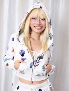 Y2Kool Maria Clara Maia White Flannel Starfish & Shell Y2K Casual Street Crop Zip-Up Jacket, Suitable For Autumn/Winter Parties, Holidays, And Daily Wear Springs Birthday For Women Carnival - White - View 8