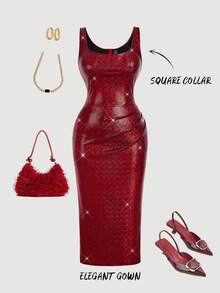 SHEIN MOD 大码女士红色连衣裙，女士鸡尾酒会礼服，女士生日礼服，冬季连衣裙，秋季连衣裙，优雅派对礼服，正式礼服，晚礼服，时尚婚礼礼服 - 酒紅色 - 查看 1