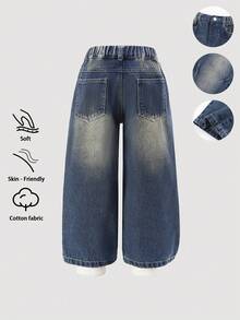 SHEIN 年轻女孩休闲舒适度假时尚街头可爱涂鸦印花水洗柔软做旧无弹宽松牛仔裤，轻薄夏季款