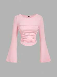 SHEIN MOD 3 chiếc áo thun nữ cổ tròn tay chuông màu trơn thời trang xếp ly - Màu Hồng  San hô - Xem 8