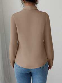 Elenzga 1pc Women's Solid Color Front Button Long Sleeve Elegant Blouse