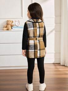 Emery Rose Kids Emery Rose Kids Bộ 3 áo khoác kẻ caro thời trang đô thị cho bé gái, áo phông dài tay, quần dài, thích hợp cho các buổi đi chơi thường ngày, tụ tập, tiệc tùng, kỳ nghỉ, mùa thu/đông - Màu Khaki - Xem 2