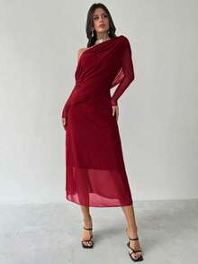 Firerie Autumn/Winter New Women's Elegant Asymmetrical Shoulder Long Sleeve Pleated Waist Knit Dress, Versatile Black Long Dress For Daily, Party, Airport, Teacher, Outing, Wedding Guest - Burgundy - View 5