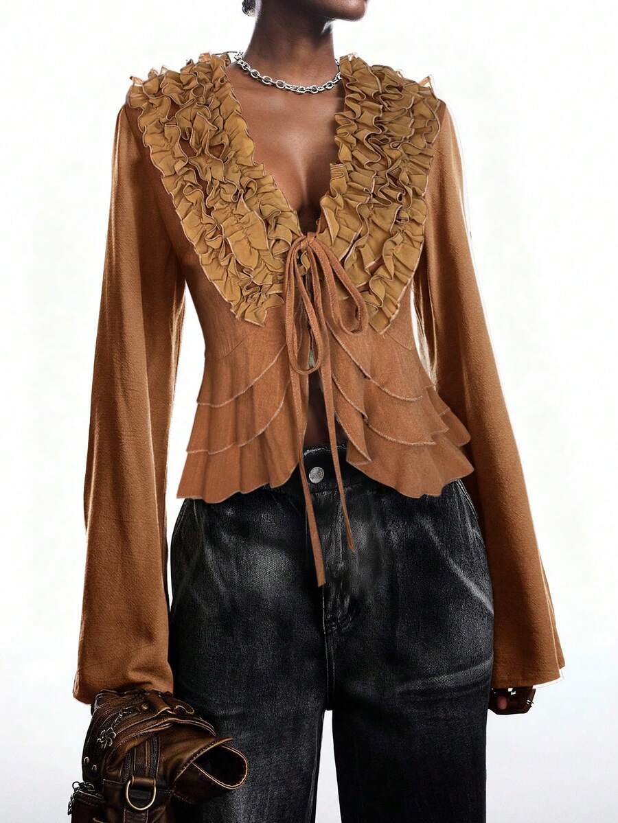 LYSMO New Minimalist Autumn/Winter Women's Khaki Multi-Layered Ruffled Front Tie Long-Sleeved Fashion Shirt - Khaki - View 1