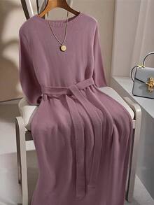 GlowEve CURVE 1件女士加大码纯色圆领长袖系带长款毛衣连衣裙 - 淡紫色 - 查看 1