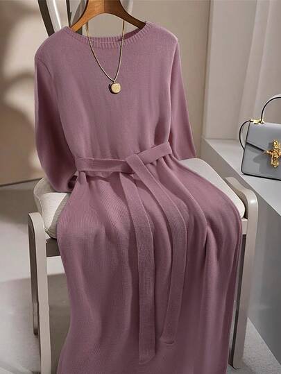 Regalyn 1pc Women Plus Size Solid Color Round Neck Long Sleeve Belted Long Sweater Dress
