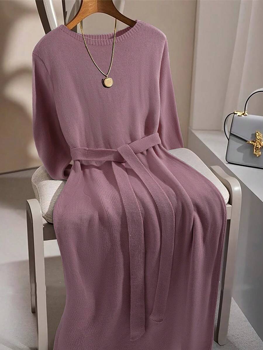GlowEve CURVE 1件女士加大码纯色圆领长袖系带长款毛衣连衣裙 - 淡紫色 - 查看 1