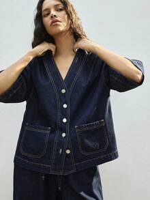 Maija Women's Dark Blue Denim Jacket 3/4 Sleeve Shirt With Belt Spring Elegant Women's Wear - Dark Wash - View 6