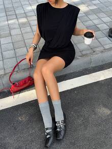 SHEIN EZwear 女士纯色无袖迷你连衣裙，适合通勤 - 棕色 - 查看 4