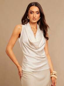 Silquee Ärmellose V-Ausschnitt Bluse, elegantes drapiertes Design, professionelle Damen Top für die Arbeit, geeignet für formelle Anlässe, Valentinstag-Dates, lässige Unternehmungen, Frühling/Sommer - Champagnerfarben - Übersicht 5