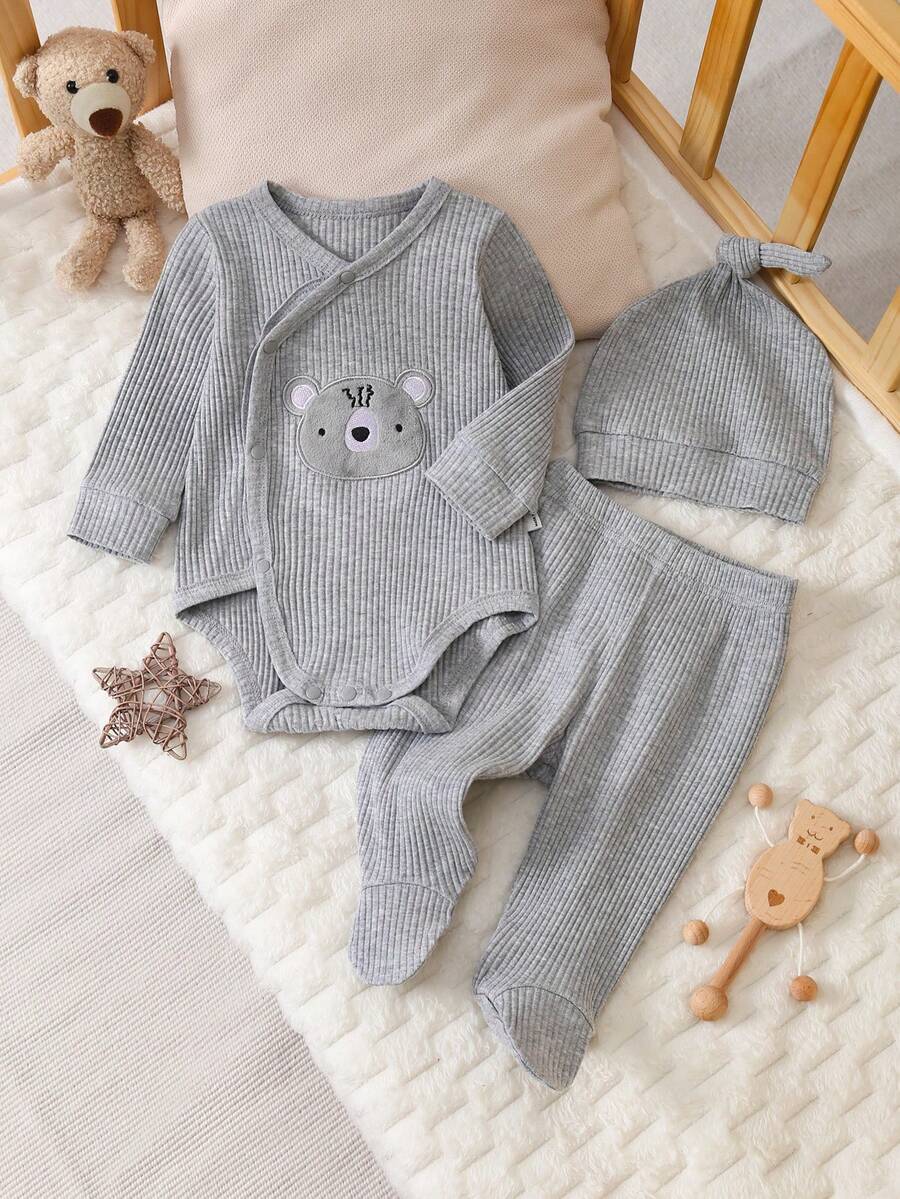 SHEIN Vintaside Kids 新生儿连体衣套装,含帽子,可爱卡通图案设计,面料柔软舒适,适合儿童日常穿着。 - 淺灰色 - 查看 1