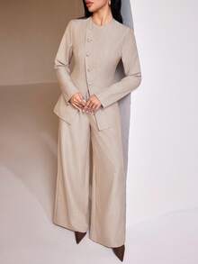 Veilorie Bộ 2 món áo dài tay cổ tròn, cài nút đơn, viền bất đối xứng và quần ống rộng cạp chun thoải mái cho nữ - Màu Khaki - Xem 6