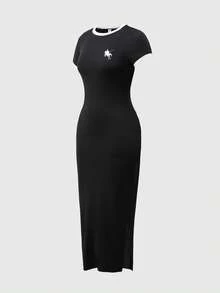 夏季热门少女甜美清爽风格黑色针织连衣裙，修身弹力开衩设计，是青少年日常校园穿搭和约会装扮的理想之选。 - 黑色 - 查看 3