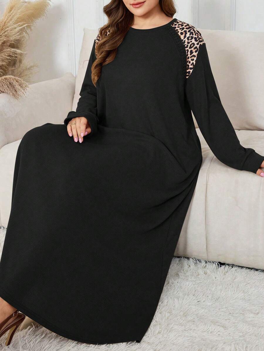 Lacomfia 大码优雅休闲中东豹纹长袖连衣裙 - 黑色 - 查看 1