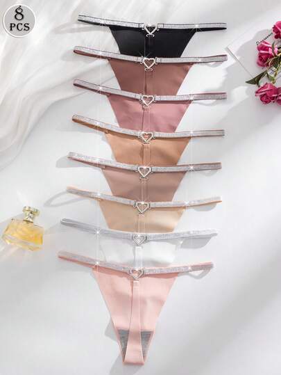 Snug Zone 8pcs/Set Multicolor Comfortable Sexy Party Women's Seamless Thong Panties With Heart Rhinestone Decor