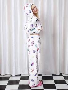 Y2Kool Maria Clara Maia 白色法兰绒海星贝壳印花Y2K休闲宽松裤，适合秋冬季派对、度假、日常搭配，也可作为夏季沙滩裤、度假裤、白色阔腿裤、春季女装、生日礼物或嘉年华服饰。 - 白色 - 查看 5