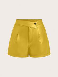 Franclia Women's Casual Fashion Street Chic Solid Color PU Leather Overlap Waist Fold Pleated Shorts - Mustard Yellow - View 2