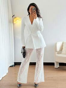 Almamuse Women's Elegant Loose Double-Breasted Long Sleeve Blazer Jacket And Flared Lace Pants Set, Spring/Autumn White Blazer Women Women Suit Set White Suits For Woman White Pants Suit Women White Outfits - White - View 5