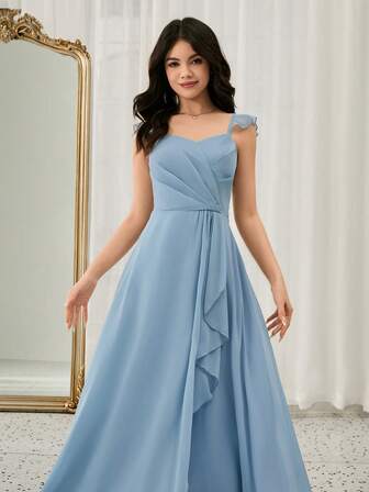 少女优雅雪纺蕾丝吊带露背连衣裙，适合青少年、花童、婚礼、舞会、万圣节、圣诞节、毕业典礼等场合，蓝灰色