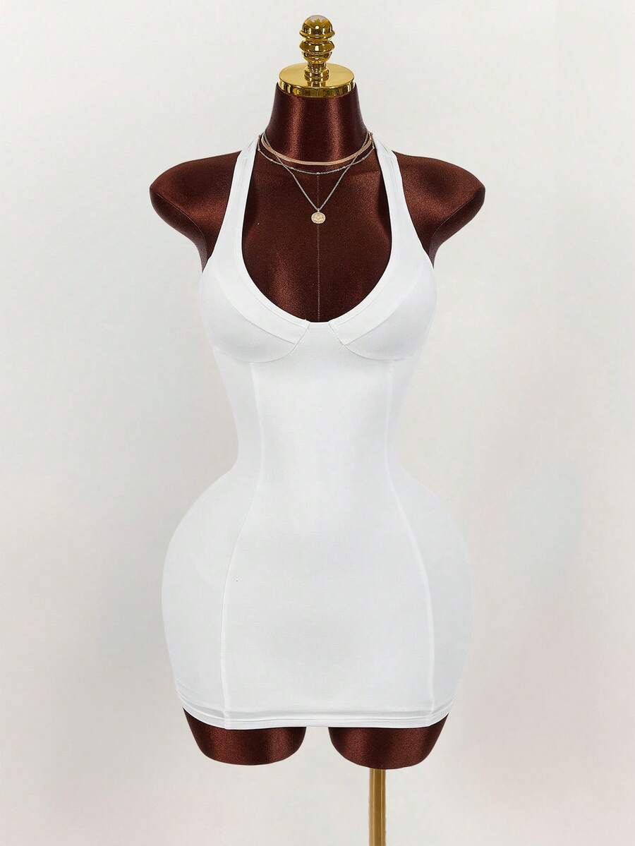 Amplova Women's White Deep V-Neck Backless Mini Bodycon Dress,Summer Y2K Heart-Shaped Bust Sleeveless Racerback Club Bandage Dress Built In Bra Outfit - White - View 1