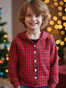 Christmas Plaid Long Sleeve Shirt Jacket For Toddler Boys, Spring/Autumn, Children Hooded Stylish Top, Little Boy Button Knit Hoodie - Red - View 6