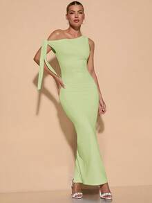 SHEIN BAE Váy xòe xếp ly lệch vai màu trơn thanh lịch cho nữ, mùa tốt nghiệp - Màu xanh chanh - Xem 3