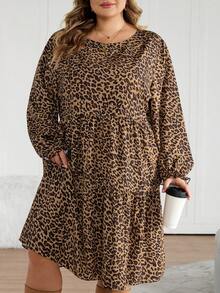 SHEIN CURVE+ Vestido de manga farol con estampado de leopardo de talla grande, vestido de leopardo de talla grande/2026/Año Nuevo - Marrón - Ver 3