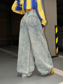 StreetHx Women's Fashion Casual Retro Street Style Deconstructed Low Waist Wide Leg Jeans - Medium Wash - View 2