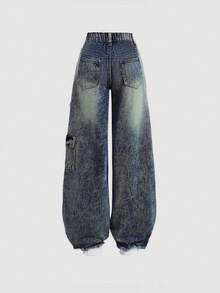 SHEIN Girlism Teen Girl Y2K Frayed Star Embellished Loose Blue Baggy Denim Jeans, Fall Back To School Clothes Outfits, Girl Denim Jeans Clothes - Dark Wash - View 2