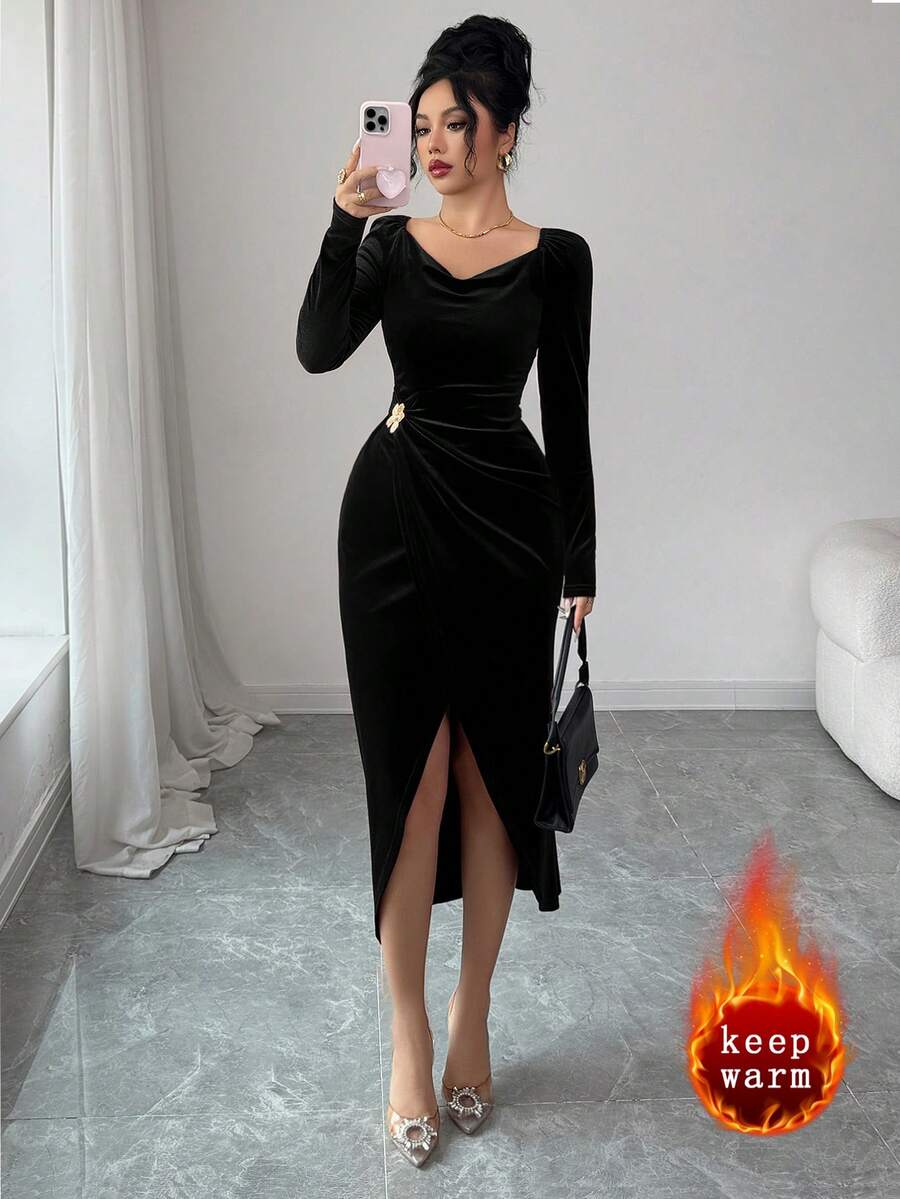 Modelyn Váy quấn nhung thanh lịch dành cho nữ có khóa kim loại và viền nhún, mùa đông - màu đen - Xem 1