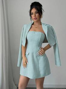 Elenzga Bộ 2 áo khoác ngắn vải tuýt dành cho nữ + váy ngắn ống - Màu xanh lam - Xem 3