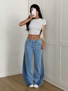 SHEIN PETITE Women's Casual Washed Color Block Distressed Flared Jeans, Winter Party Christmas New Year Two-Tone Denim Patchwork Design