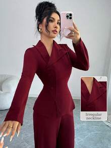 Modelyn Damen-Outfit in Burgunderrot mit Langarm-Bluse mit Kragen und Knopfleiste sowie gerader Hose, elegantes Herbst-Outfit - Bordeaux - Übersicht 1