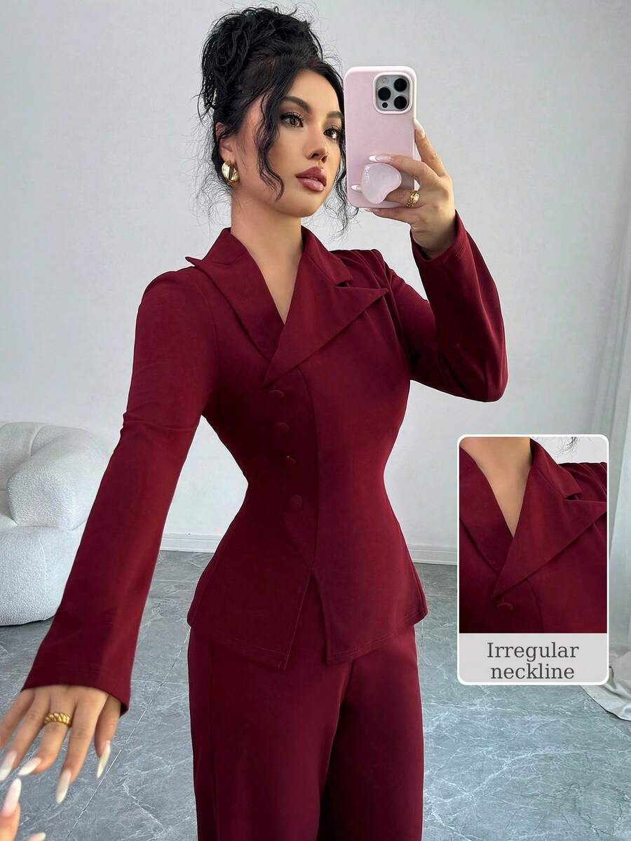 Modelyn Damen-Outfit in Burgunderrot mit Langarm-Bluse mit Kragen und Knopfleiste sowie gerader Hose, elegantes Herbst-Outfit - Bordeaux - Übersicht 1