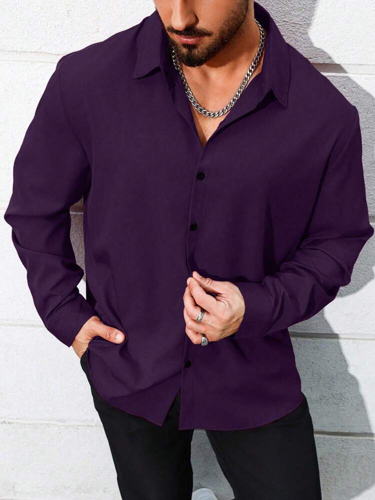 Manfinity Homme Áo sơ mi tay dài màu trơn cỡ lớn dành cho nam, phù hợp để đi làm hàng ngày, mùa xuân/thu - Màu tím - Xem 3