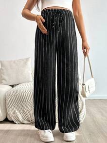 SHEIN 春季女士孕妇抽绳腰条纹休闲宽松阔腿裤，高个阔腿裤 - 黑色 - 查看 2