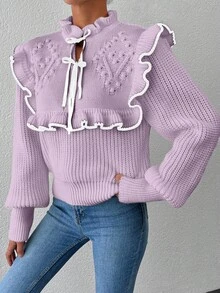 Women's Elegant Ruffled Collar Twist Front Contrast Binding Lantern Sleeve Loose Knit Sweater, Autumn/Winter - Lilac Purple - View 4