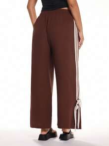 Solavibe 大码女式弹力腰侧条纹阔腿休闲裤，大码阔腿裤，喇叭裤，棕色阔腿裤，曲线阔腿裤，女士沙滩裤，女士休闲裤，度假裤，阔腿运动裤，棕色女式下装 - 棕色 - 查看 4
