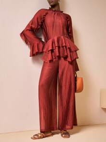 Zivah 2pcs/Set Spring/Summer 2026 New Music Festival/Valentine's Day Date Outfit: Round Neck Long Sleeve Ruffle Hem Top And Pocket Flare Leg Pants