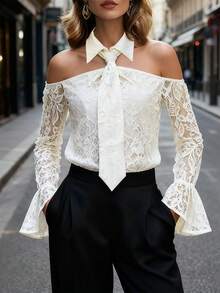 Balvessa Bluzka damska z koronką odsłaniającą ramiona i wiązaniem przy szyi, z długim rękawem - Morela - Zobacz 1