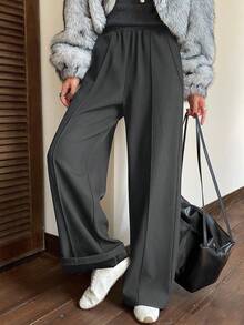 DAZY 女士保暖内衬纯色直筒弹力腰休闲裤，适合秋冬季通勤穿着 - 灰色 - 查看 6