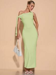 SHEIN BAE Váy xòe xếp ly lệch vai màu trơn thanh lịch cho nữ, mùa tốt nghiệp - Màu xanh chanh - Xem 4