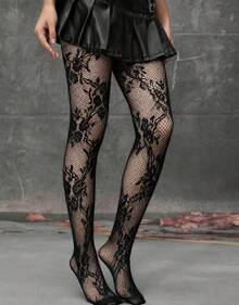ROMWE Goth 1 Pair White Floral Fishnet Tights/Pantyhose - Black Black - View 3