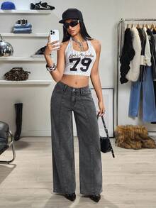 Jeanoix 女士复古直筒宽松休闲时尚百搭中腰牛仔裤 - 黑色 - 查看 7