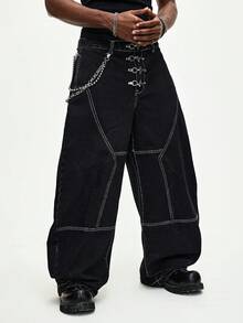 ROMWE MEN Street Life Men's Fashion Airplane Buckle Loose Fit Jeans - Blue - View 5