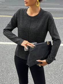 DAZY 女士基础款纯色拼接长袖T恤，宽松版型，商务休闲办公穿着，适合秋、冬、春季穿着。 - 黑色 - 查看 4