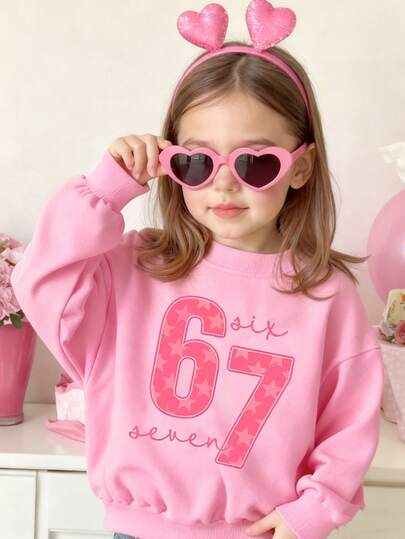 Young Girl Cozy Fall & Winter Styles Casual Fashion Creative Personalized Fresh Cute Minimalist 67 Pink Star Letter Graphic Print Comfortable Pullover Sweatshirt, Suitable For Autumn/Winter