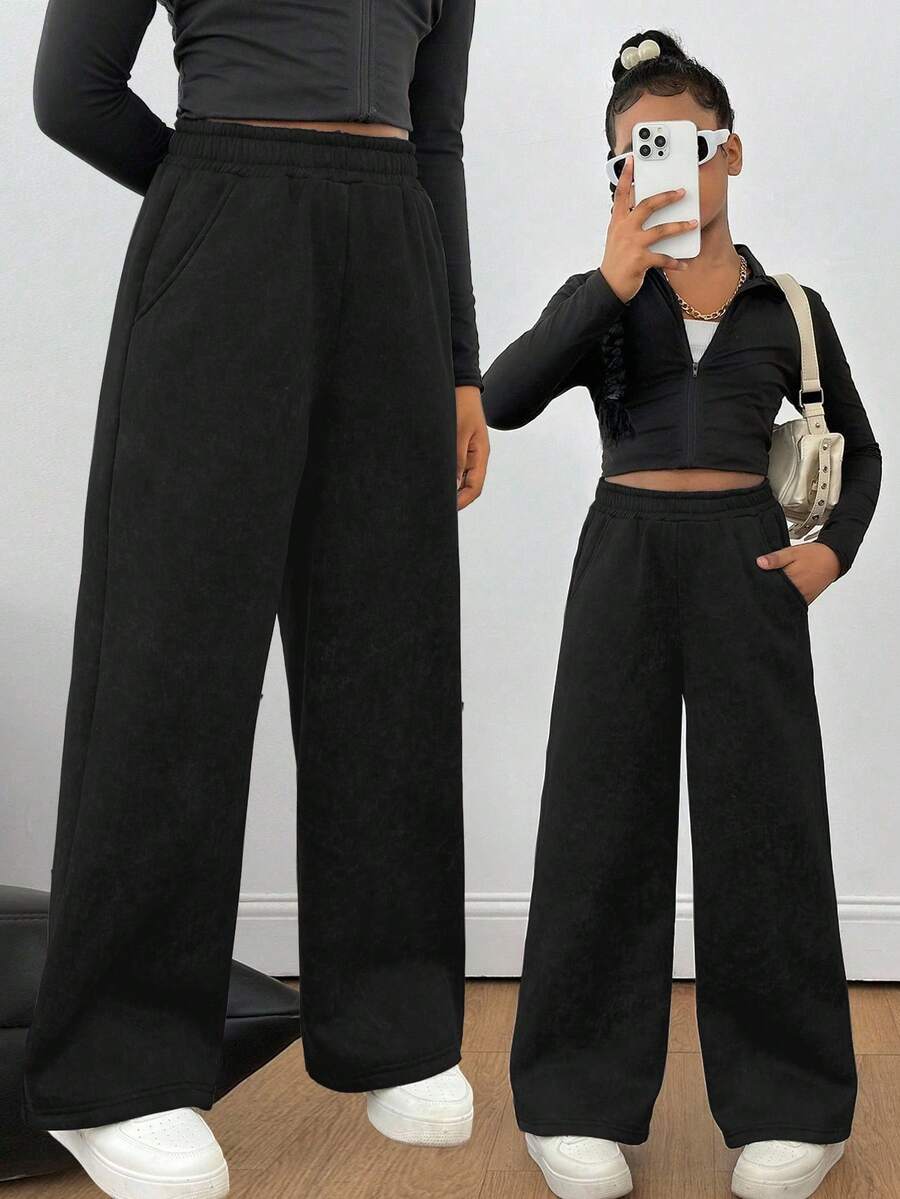 SHEIN Sparklyn 少女休闲百搭街头风口袋宽松阔腿弹力腰水洗雪绒运动裤 - 黑色 - 查看 1