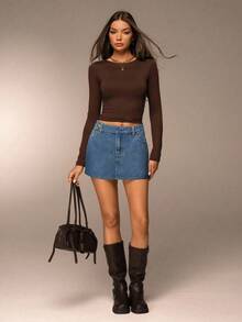 SHEIN Forever 21 女士休闲日常通勤简约百搭牛仔半身裙，带侧袋，夏季 - 淺藍色 - 查看 5