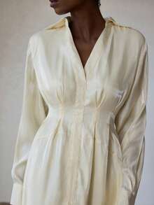 Aveloria Modichic French Elegant Shiny Satin Minimalist Style Waist Ruched Slimming Long Sleeve Dress - Beige - View 4